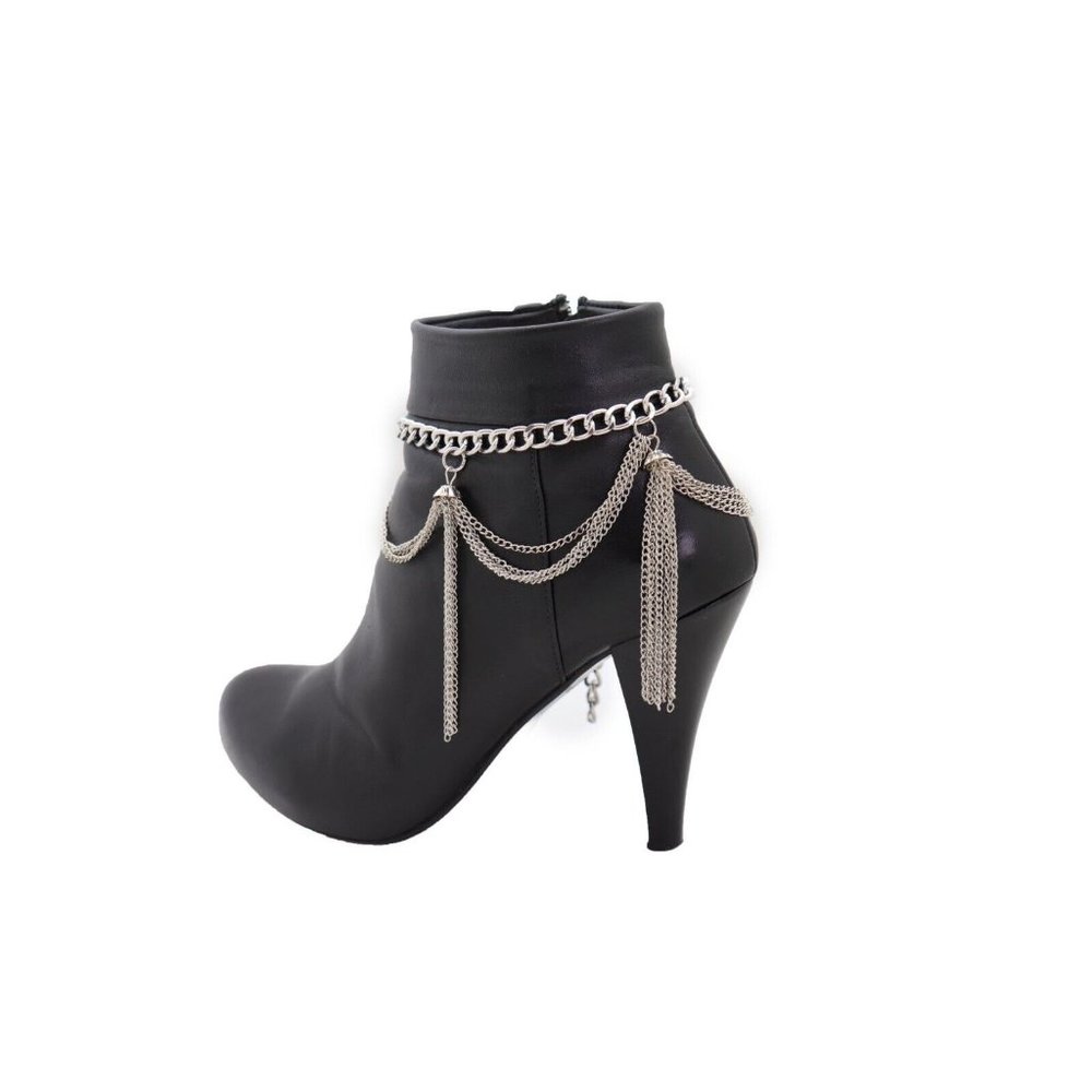 Women Silver Metal Chain Boot Bracelet Miami Beach Shoe Tassel Fringe Charms - Picture 3 of 12